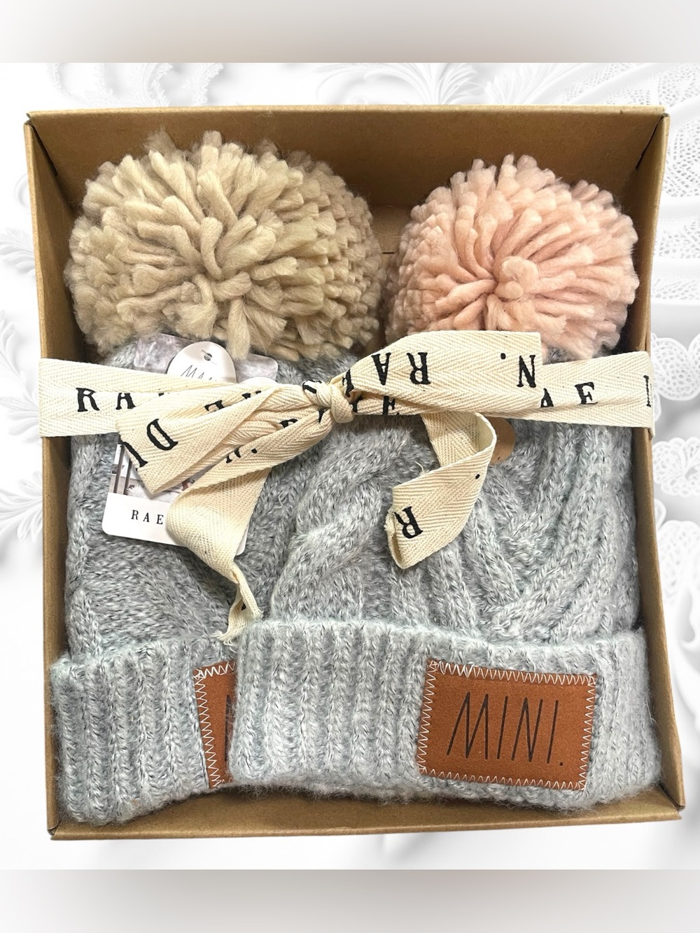 NEW NIB Rae Dunn Gift Set MAMA & MINI Knit Hats Furry Inside So Soft!